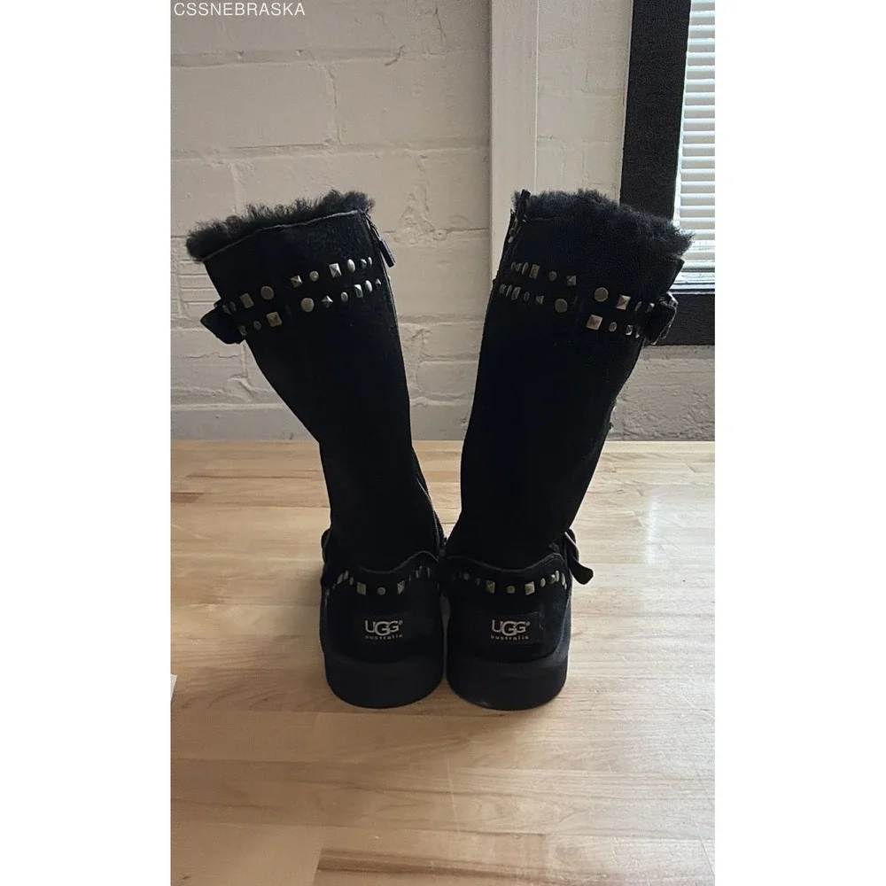 UGG Black Girls Boots Suede Clovis Studded Buckle Shearling Moto 1004952K Size 3